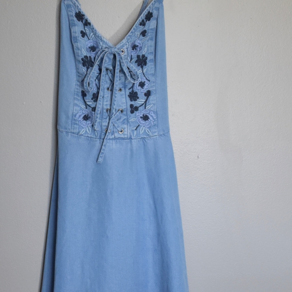 Chambray Denim Embroidered Corset Front Dress S - Picture 2 of 6